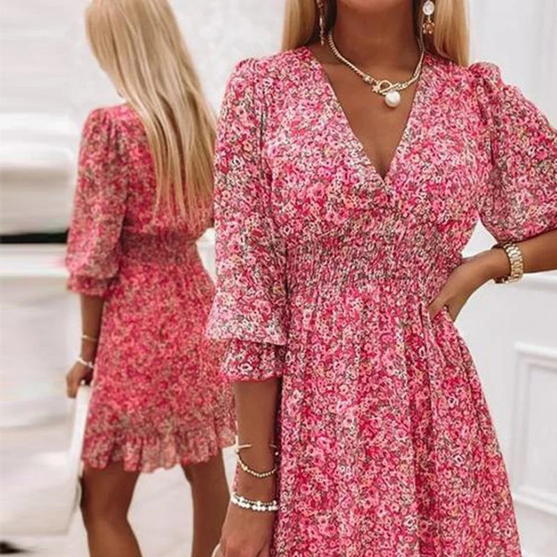 MAYA™ PUFF SLEEVE MID WAIST FLORAL DRESS