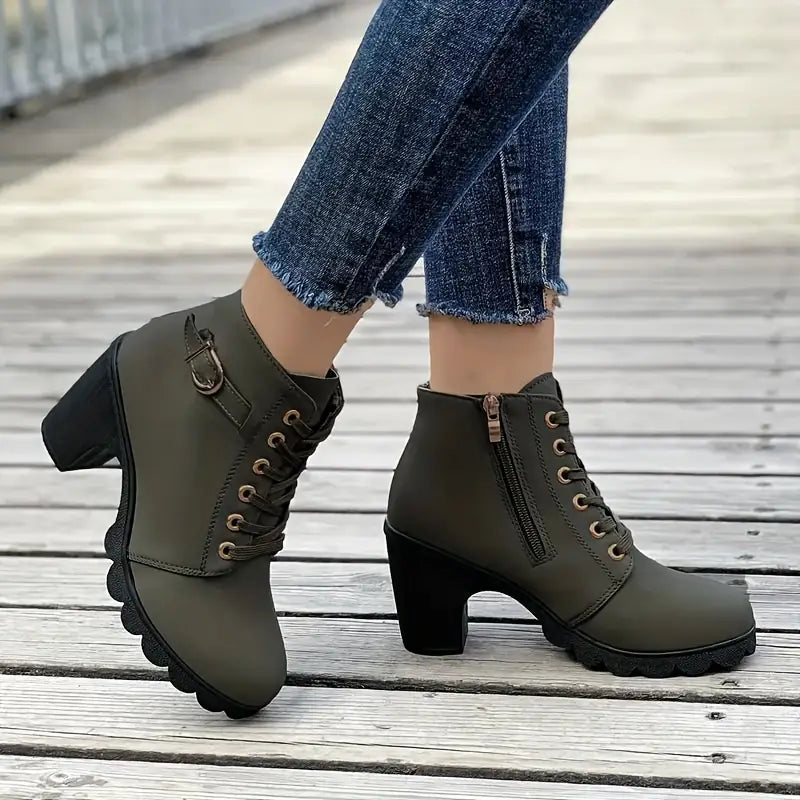 LYSANDRA™  WOMEN'S LACE UP & SIDE ZIPPER HIGH HEELED CHUNKY ANKLE BOOTS