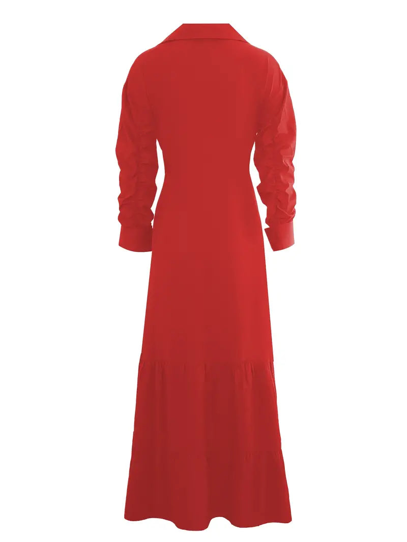 MEGAN™ ELEGANT SOLID BUTTON BELTED MAXI DRESS