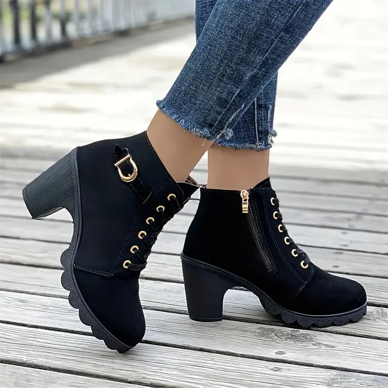 LYSANDRA™  WOMEN'S LACE UP & SIDE ZIPPER HIGH HEELED CHUNKY ANKLE BOOTS