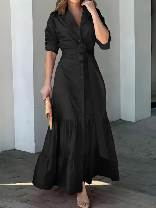 MEGAN™ ELEGANT SOLID BUTTON BELTED MAXI DRESS