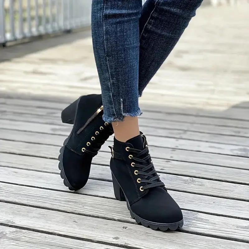 LYSANDRA™  WOMEN'S LACE UP & SIDE ZIPPER HIGH HEELED CHUNKY ANKLE BOOTS