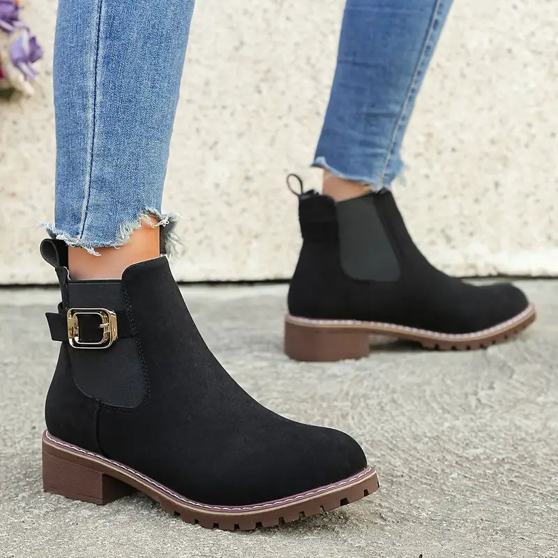 LAVINIA™ - WOMEN'S RETRO SOLID COLOR BUCKLE STRAP ANKLE BOOTS