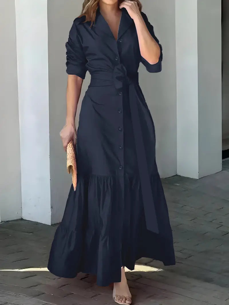 MEGAN™ ELEGANT SOLID BUTTON BELTED MAXI DRESS