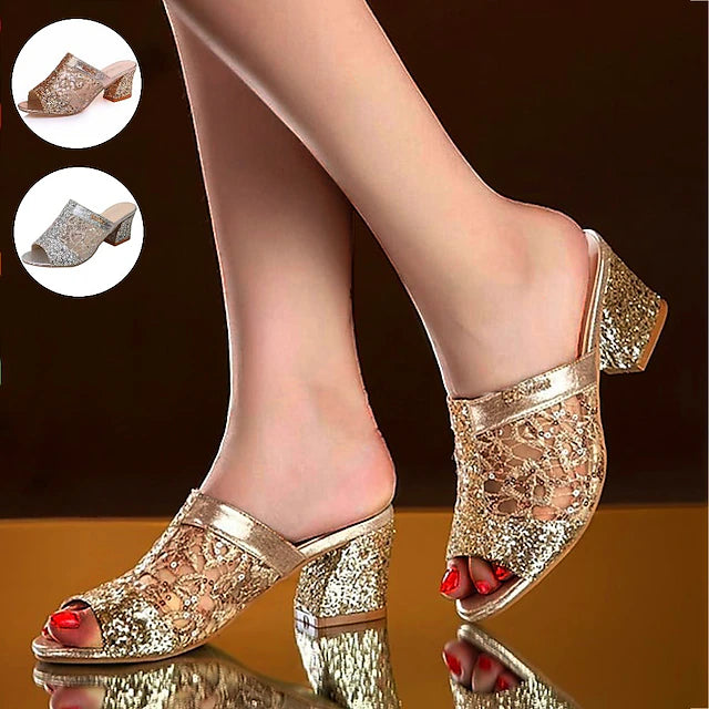 WOMEN'S MULES HEELED SPARKLY PARTY SANDALS