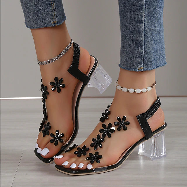 WOMEN'S FLOWER BLOCK HEEL CHUNKY SANDALS